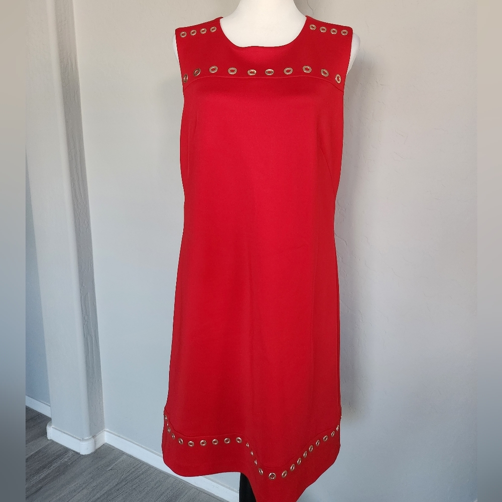Karl Lagerfeld Red Ponte Scuba Shift Sheath Midi Zip Up Dress Grommet Sz 12 NEW